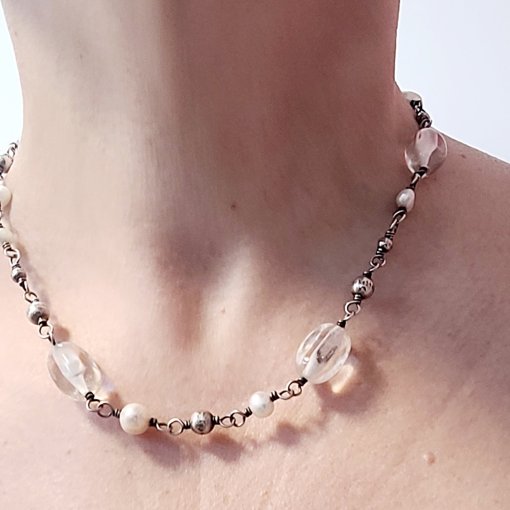 Silpada Sterling Silver Necklace with Clear Quartz & Pearls